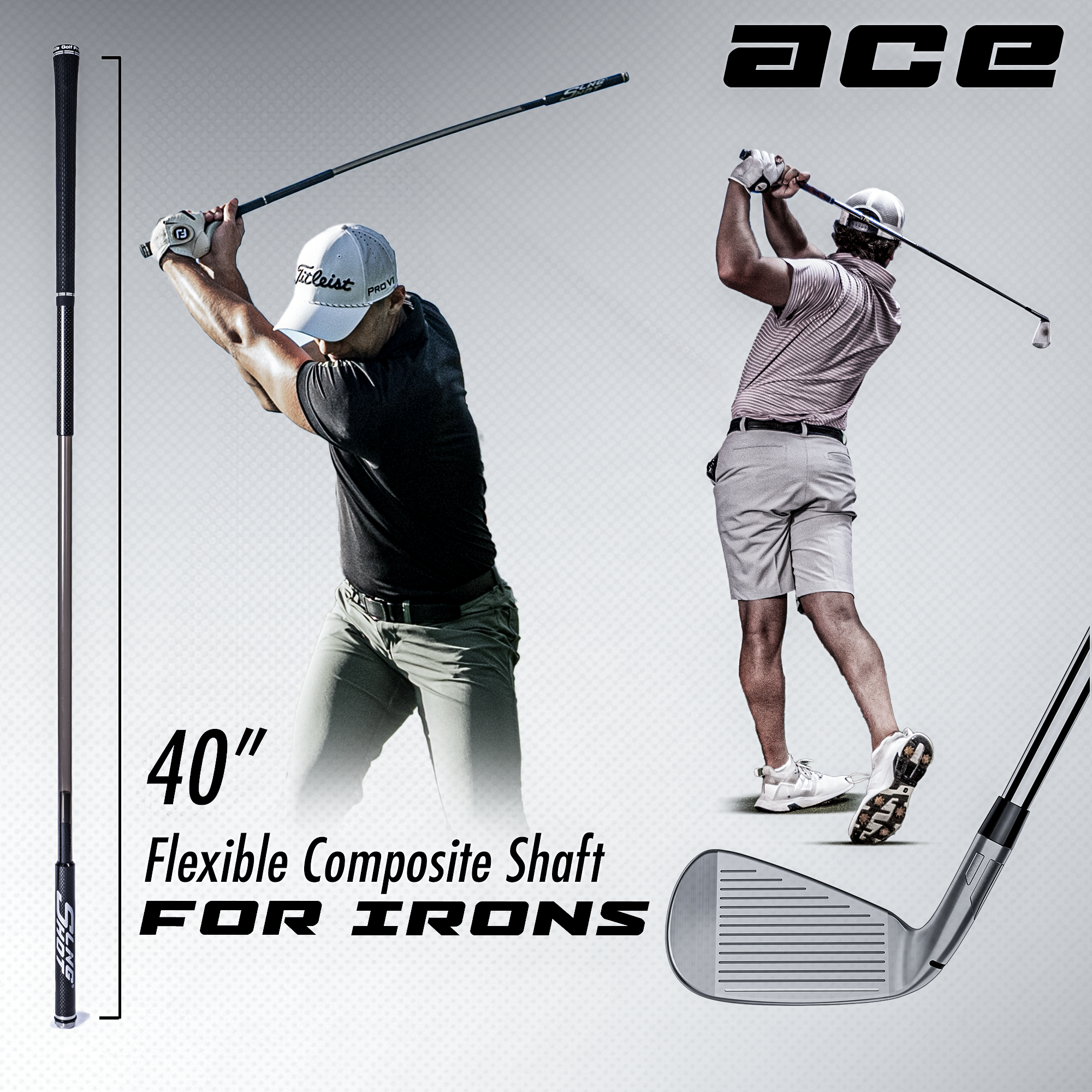 The image shows a 40-inch flexible composite golf shaft with two golfers demonstrating its use in a promotional setting. The shaft is designed for iron clubs and has weight settings for training and haptic feedback improvement.